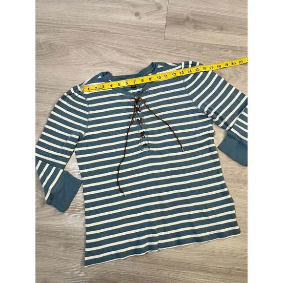 Lauren Ralph Lauren Women Top Striped Henley Long Sleeve Lace Up Blue White Sz L - Picture 8 of 14